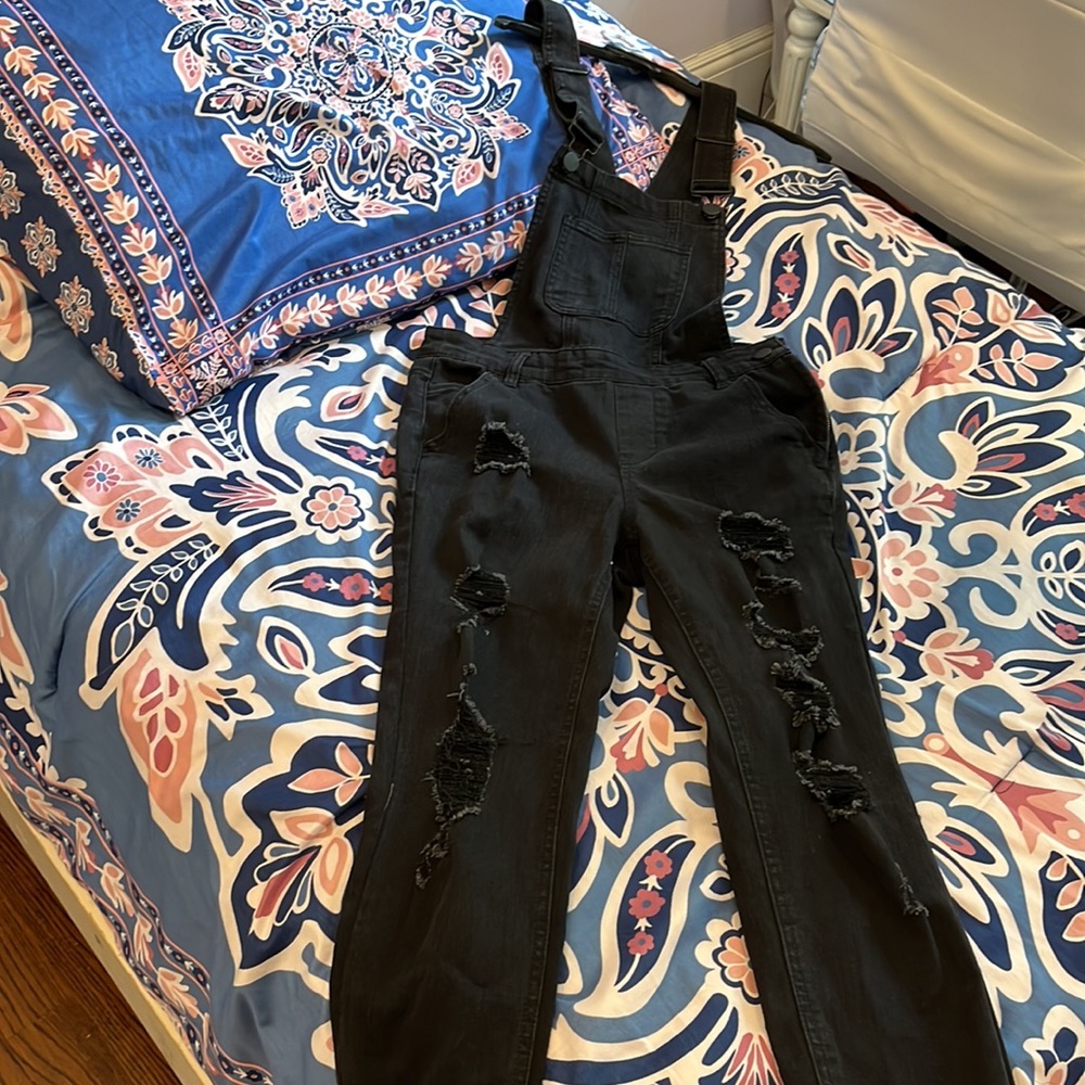 Distressed Black Skinny Overalls